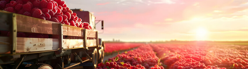 Wall Mural - Cargo truck carrying raspberries on the road in an orchard with sunset. Concept of food production, transportation, cargo and shipping.