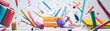 © linda_vostrovska - Colorful school supplies falling down on gray background. School and education concept.