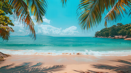 
Tropical island paradise sea beach, beautiful nature landscape, coconut palm tree leaves, turquoise ocean water, sun blue sky white cloud, sand, Caribbean, Maldives, Thailand summer holidays, vacatio