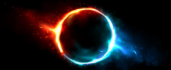 Wall Mural - red and blue neon glow ring with fire flame, particles and smoke on black background. realistic 3d v