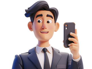3d cartoon man in suit and tie holding cell phone and taking a selfie  isolated on white background
