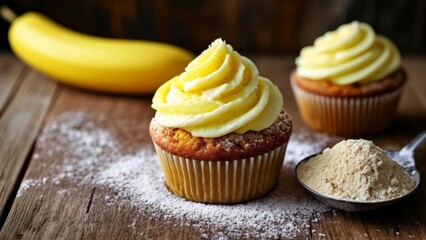 Canvas Print -  Deliciously baked banana cupcakes with a dusting of powdered sugar