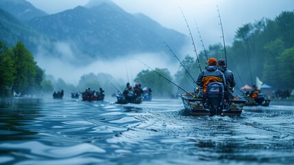 A group of anglers enjoys a serene fishing trip on a calm mountain lake, surrounded by fog and beautiful scenery.