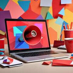 A laptop computer with various office supplies and digital devices, including a red megaphone, a smartphone, a coffee cup, and colorful geometric shapes in the background, suggesting a concept-related