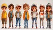 © Denys - Charming illustration of seven elementary school students standing in a line, showcasing diversity and friendship among young learners. The children are all smiling and wearing casual clothing