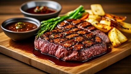 Wall Mural -  Deliciously grilled steak with a side of roasted vegetables and dipping sauces