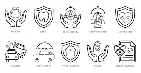 Sticker - A set of 10 insurance icons as pet care, dental, social security