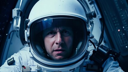 Wall Mural - brave astronaut sits in a spaceship while orbiting around the earth.