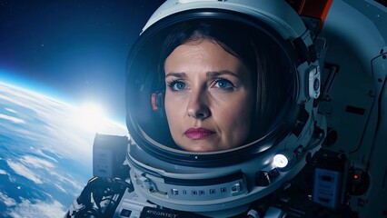 Wall Mural - brave astronaut sits in a spaceship while orbiting around the earth.