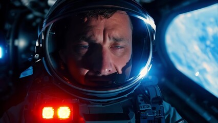 Wall Mural - brave astronaut sits in a spaceship while orbiting around the earth.