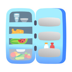 Poster - Open fridge with food items, flat icon 