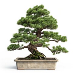 Wall Mural - A beautiful, well-maintained bonsai tree in a rectangular pot, showcasing intricate details and lush foliage against a white background.
