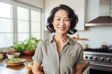 Wall Mural - mature asian woman looking at camera smile in the kitchen