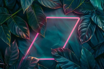 Sticker - Tropical plants and leaves with neon glowing triangles in a frame on a dark background, in a flat lay composition, depicting a nature concept. A creative color layout.