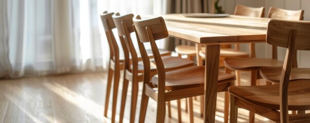 Canvas Print - Sunlight streaming through a window illuminates a dining room featuring a beautifully crafted wooden table and chairs, creating a warm and inviting ambiance