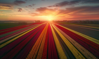 Canvas Print - Drone view of colorful tulip fields, spring landscape.