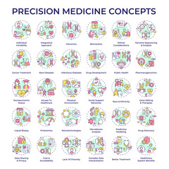  Precision medicine multi color concept icons. Health technology. Public health. Genetics. Personalized approach in treatment. Icon pack. Vector images. Round shape illustrations. Abstract idea