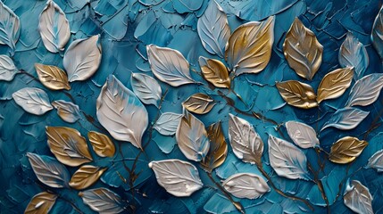 Wall Mural - Abstract leaves with gold and silver textures on a blue background, an oil painting