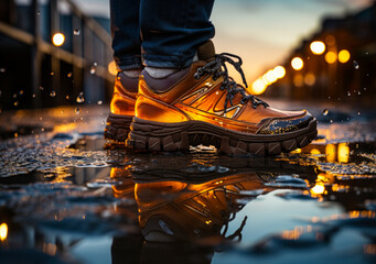 A person is walking in the rain with their feet in water. The reflection of the person and the water creates a sense of movement and energy