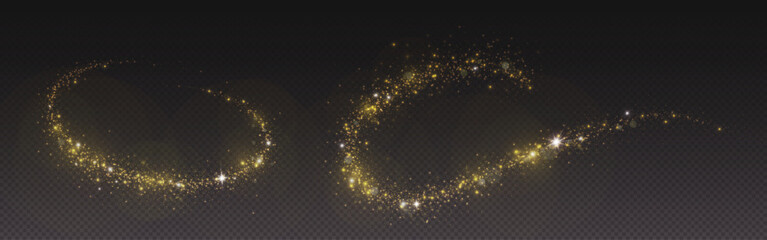 magic gold dust trail with star shaped sparkles on dark transparent background. realistic vector ill