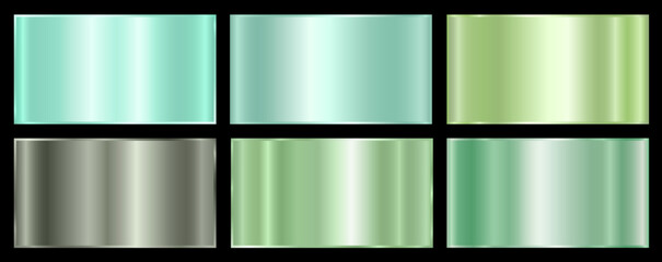A set of green metallic gradients on a black background. Metallic gradient effects for the design of text and bulletin boards, infographics. Metal banner. Vector EPS 10.