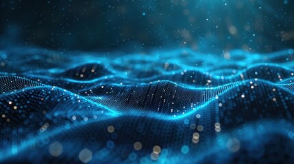 Wall Mural - Abstract Blue Wavy Pattern with Glowing Particles
