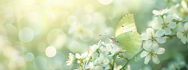 Wall Mural - Beautiful spring nature background with butterfly on white flowers.