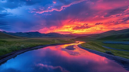 Canvas Print - A winding road with a beautiful sunset in the background. The sky is filled with clouds and the sun is setting, creating a warm and serene atmosphere