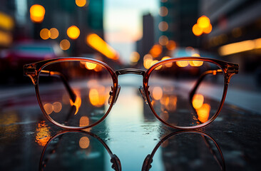 Wall Mural - A pair of glasses is reflected in the water on a city street. The glasses are brown and have a clear lens.