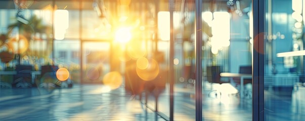 Canvas Print - Blurred modern office interior with glass walls and sun rays