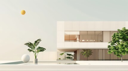 Wall Mural - serene minimalist 2d flat illustration of eco-friendly contemporary architecture library with clean 