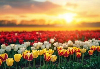 Wall Mural - Colorful tulip flower field at sunset, with red, yellow and white colors blooming in the spring.