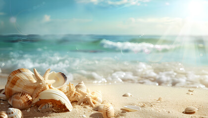 Wall Mural - Summer photo of shells on beach and free space for your decoration