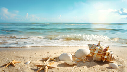 Wall Mural - Summer photo of shells on beach and free space for your decoration