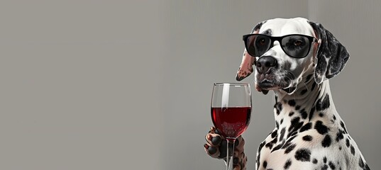 Poster - Dalmatian wearing sunglasses and holding a glass of red wine