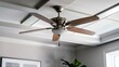 © lililia - A white ceiling fan with five blades and three lights hangs from a white ceiling. The fan has gold accents around the motor and light fixtures. The lights are covered in white shades