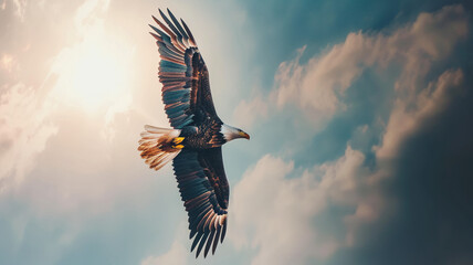 Wall Mural - Eagle flies in the sky against the backdrop of mountains, close-up