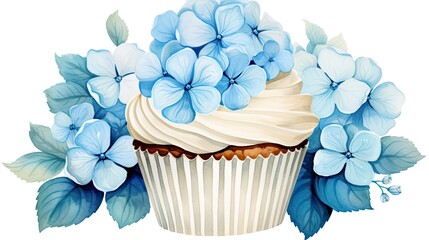 Poster - A cupcake with blue hydrangea flowers 