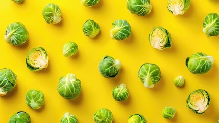 Canvas Print - Green brussel sprouts flat lay on bright background Healthy food concept with art design card Text space available