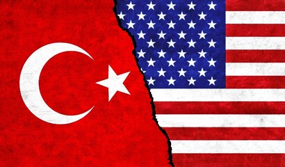 Wall Mural - USA and Turkey flags together. Diplomatic relations between Turkey and United States of America concept. USA vs Turkey