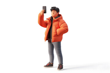 3d cartoon guy character using cell phone and taking a selfie isolated on white background