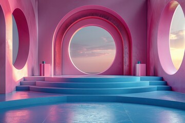 Wall Mural - Abstract pink and blue room with round windows and a podium. Ideal for product placement, showcasing futuristic, minimal design and pastel aesthetics.