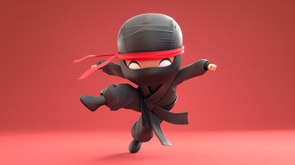 A cute cartoon ninja in black clothes kicking with a red headband.