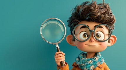 Sticker - A 3D cartoon boy with glasses and a scarf, holding a magnifying glass.