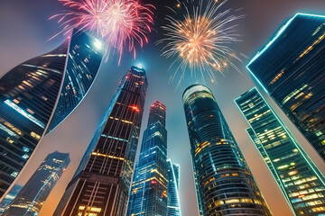 Wall Mural - Fireworks exploding over modern skyscrapers at night