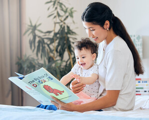 Poster - Mother, baby and reading a book on bed in nursery for child development, learning and knowledge with smile. Motherhood, kid and story in bedroom of home for bonding, infant wellness and storytelling