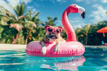 Canvas Print - Dog with Pink Sunglasses Floating on a Flamingo Pool Float