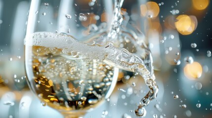 A close-up shot of sparkling champagne overflowing from a glass, with liquid splashing dynamically, creating an elegant and celebratory atmosphere.