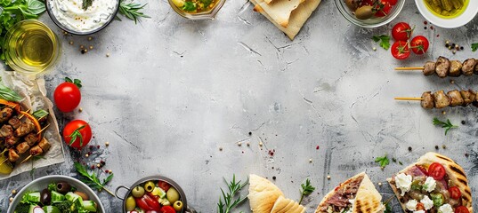 Wall Mural - Greek Delights: A top-down view of a background with Greek cuisine