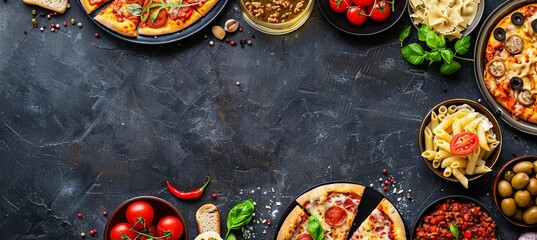 Wall Mural - Italian Delights: A top-down view of a background with Italian cuisine